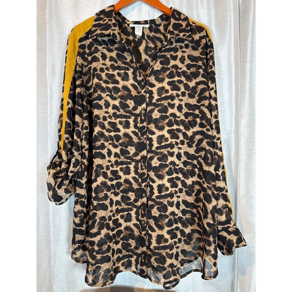 Curvy Girl Ashley Stewart Leopard Print Button Down Shirt Tunic Gold Stripe 3X